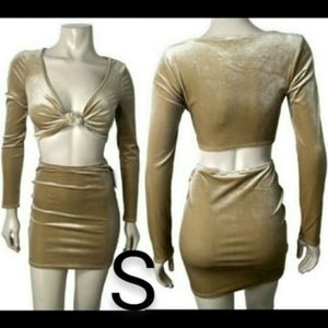 🆕Gold Champagne Tan Velvet Long Sleeve Crop Top & Mini Skirt Set~ SIZE S
